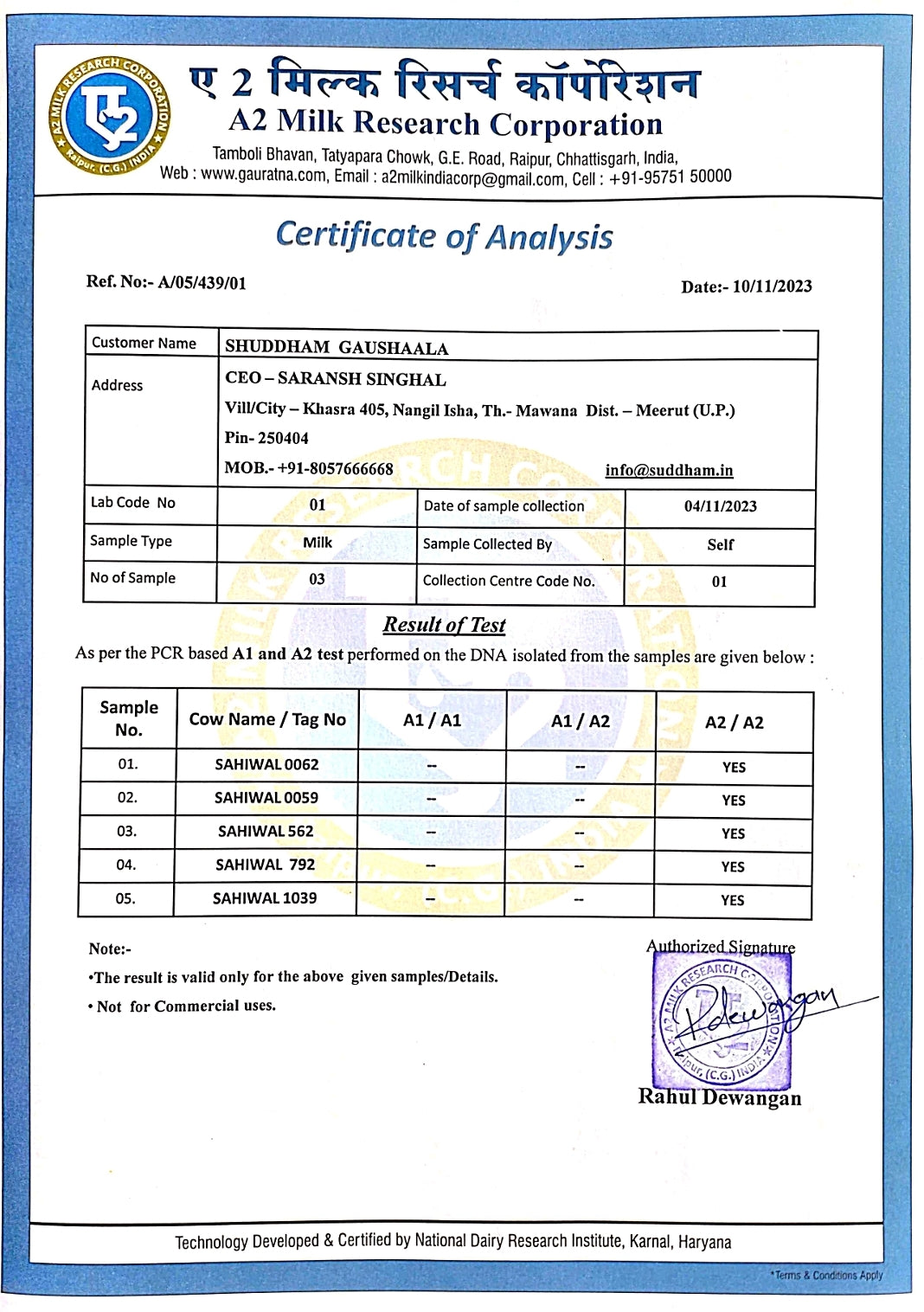 November 2023, A2 Lab Test Report