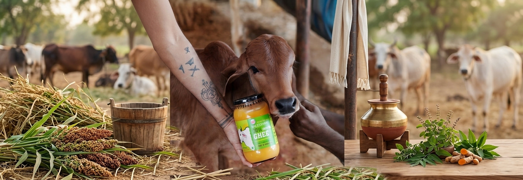 Person interacting with a calf near a jar of shuddham ghee in a pastoral setting with other cows.