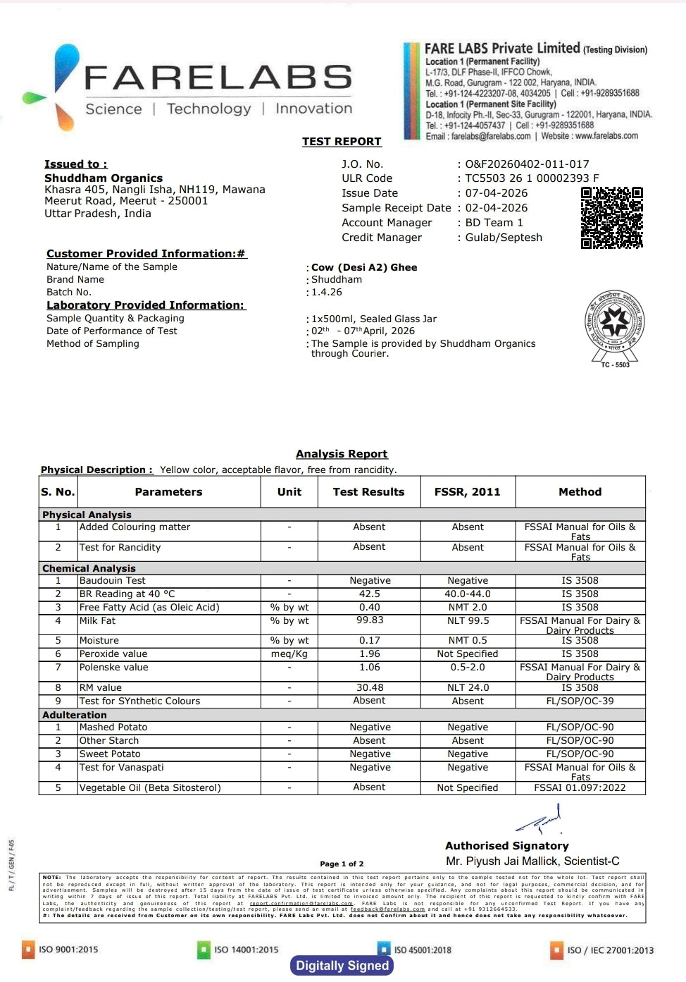 1 Ltrs Shuddham Organics Pure A2 Ghee