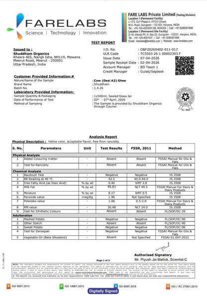 1 Ltrs Shuddham Organics Pure A2 Ghee
