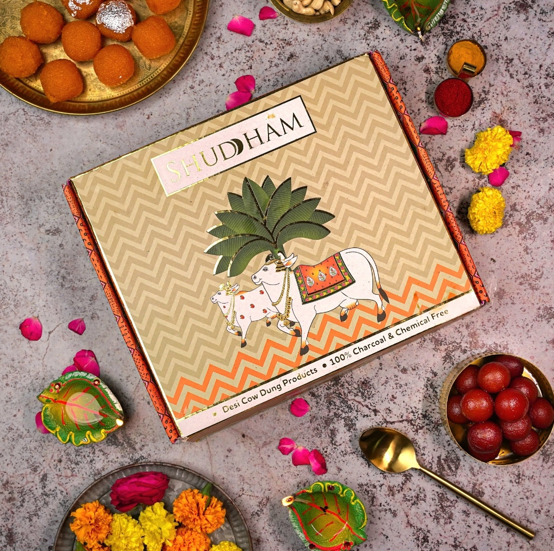 Cow Dung Product Box (Dung Cake, Dhoopbatti, Samagri &amp; Sambrani Cups)