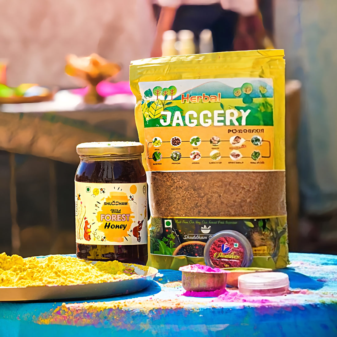 WAO pack of Wild Honey, Saffron &amp; Herbal Jaggery Powder.