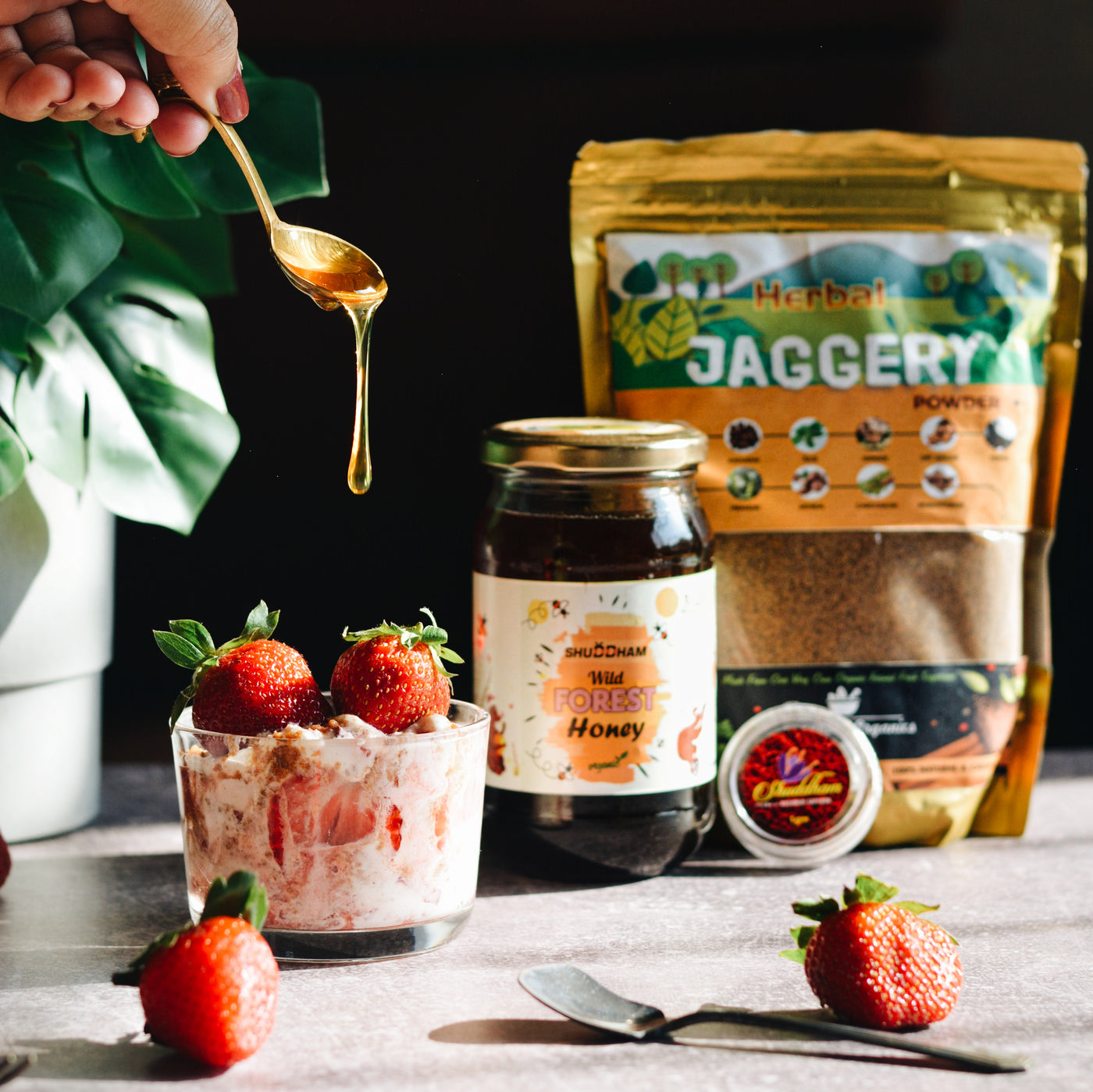 WAO pack of Wild Honey, Saffron & Herbal Jaggery Powder.