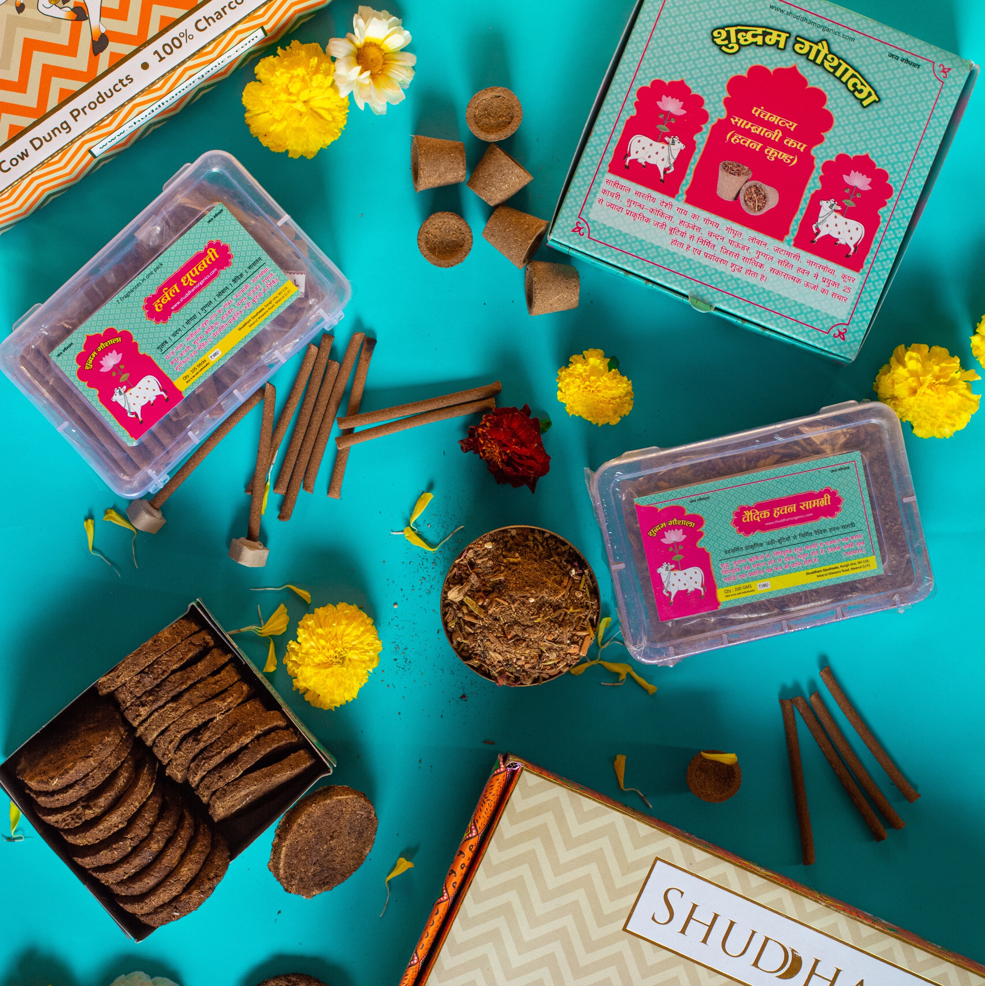 Cow Dung Product Box (Dung Cake, Dhoopbatti, Samagri &amp; Sambrani Cups)