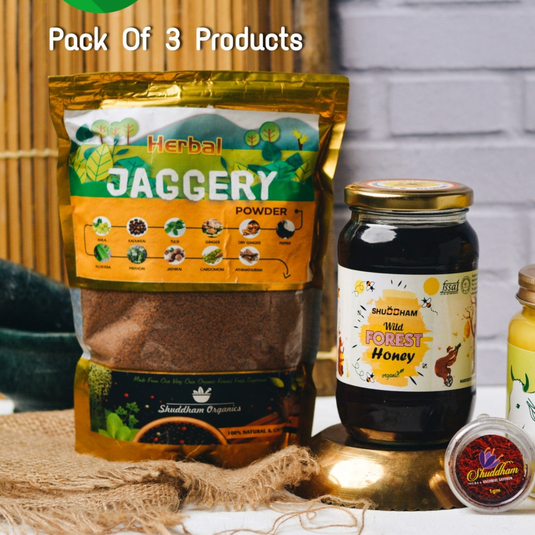 WAO pack of Wild Honey, Saffron &amp; Herbal Jaggery Powder.
