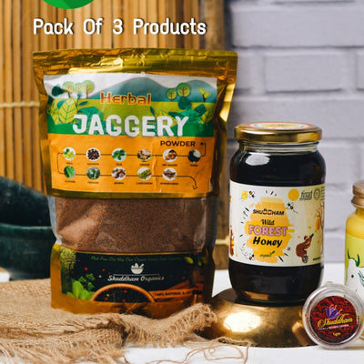 WAO pack of Wild Honey, Saffron & Herbal Jaggery Powder.